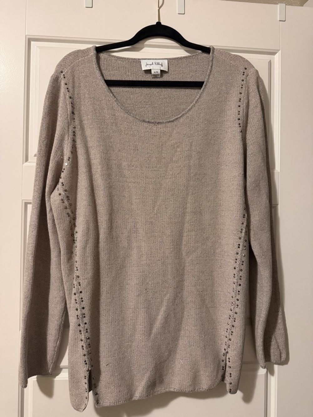 Joseph Ribkoff Light Taupe Scoop Neck Knit Sweater with Stud Detail